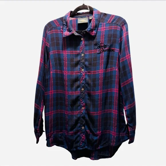 Harley-Davidson Lurex Plaid Flannel Shirt Blue/Red Roses Size Large EUC - Picture 4 of 15
